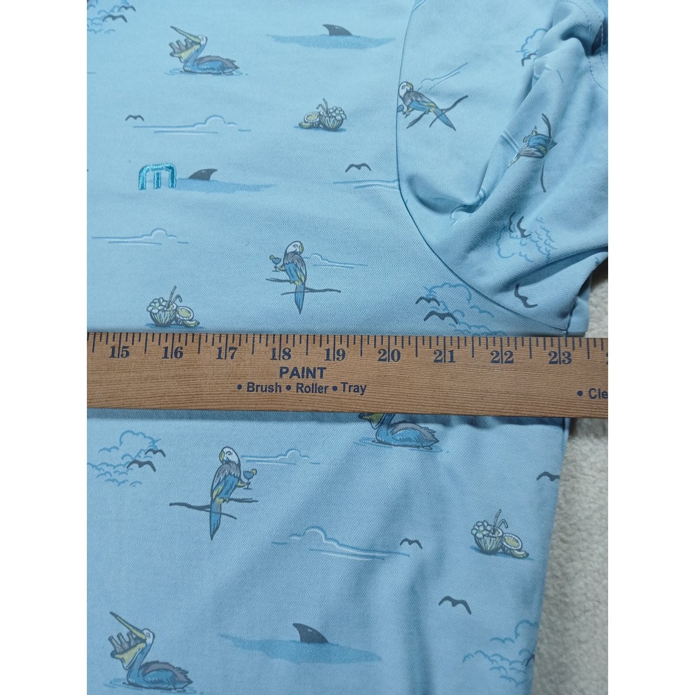 TravisMathew Mens XL Blue Tropical Parrot Pelican Shark Print Golf Polo Shirt - Picture 4 of 5